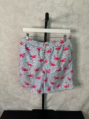 Men's White Swim Trunks with Pink Flamingo Print